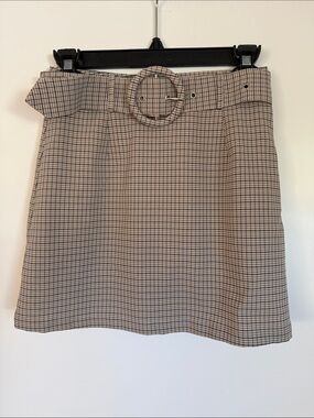 Charlie Holiday Beige Plaid Belted Mini Skirt